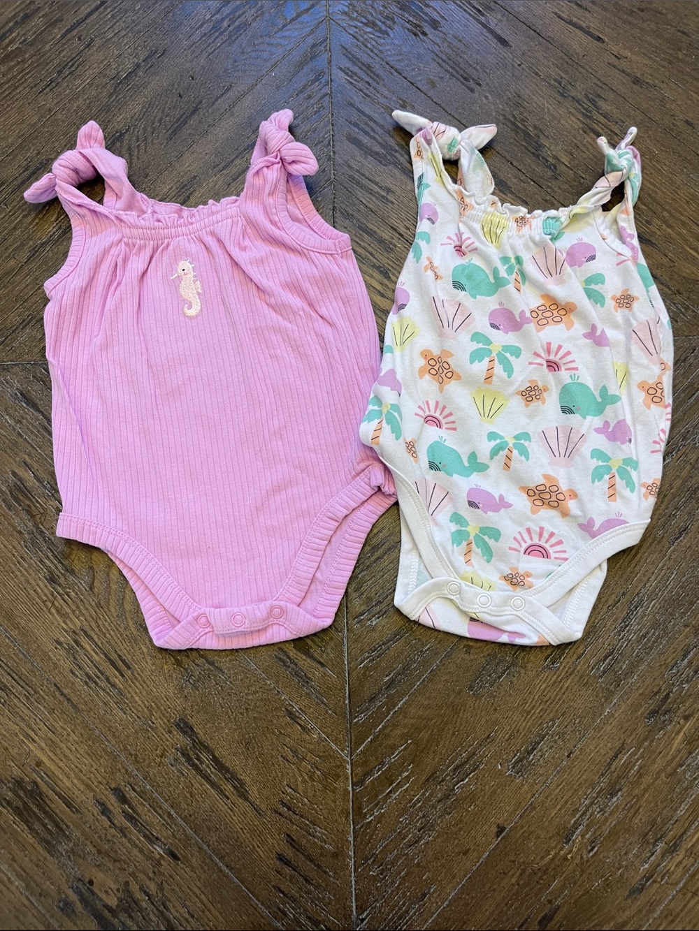 Garanimals Pink Ribbed Seahorse One-Piece & Multicolor Sea Print Bodysuits